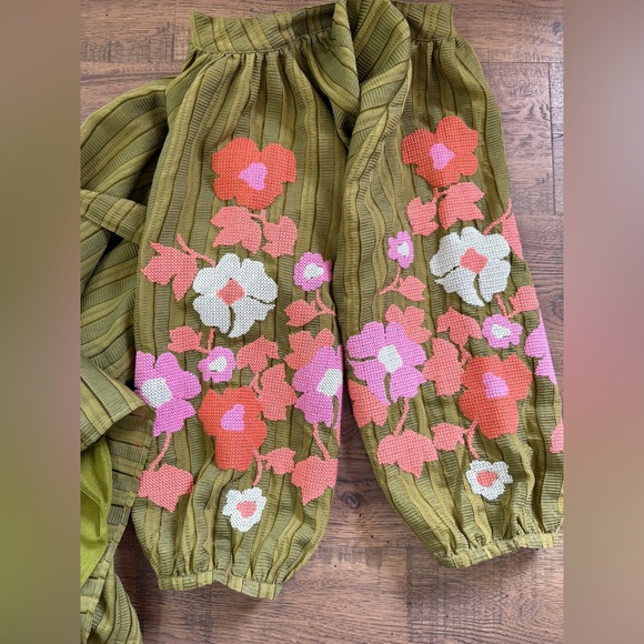 THML Olive Green Embroidered Striped Floral Maxi Dress L Ballon Sleeve. - Picture 13 of 15